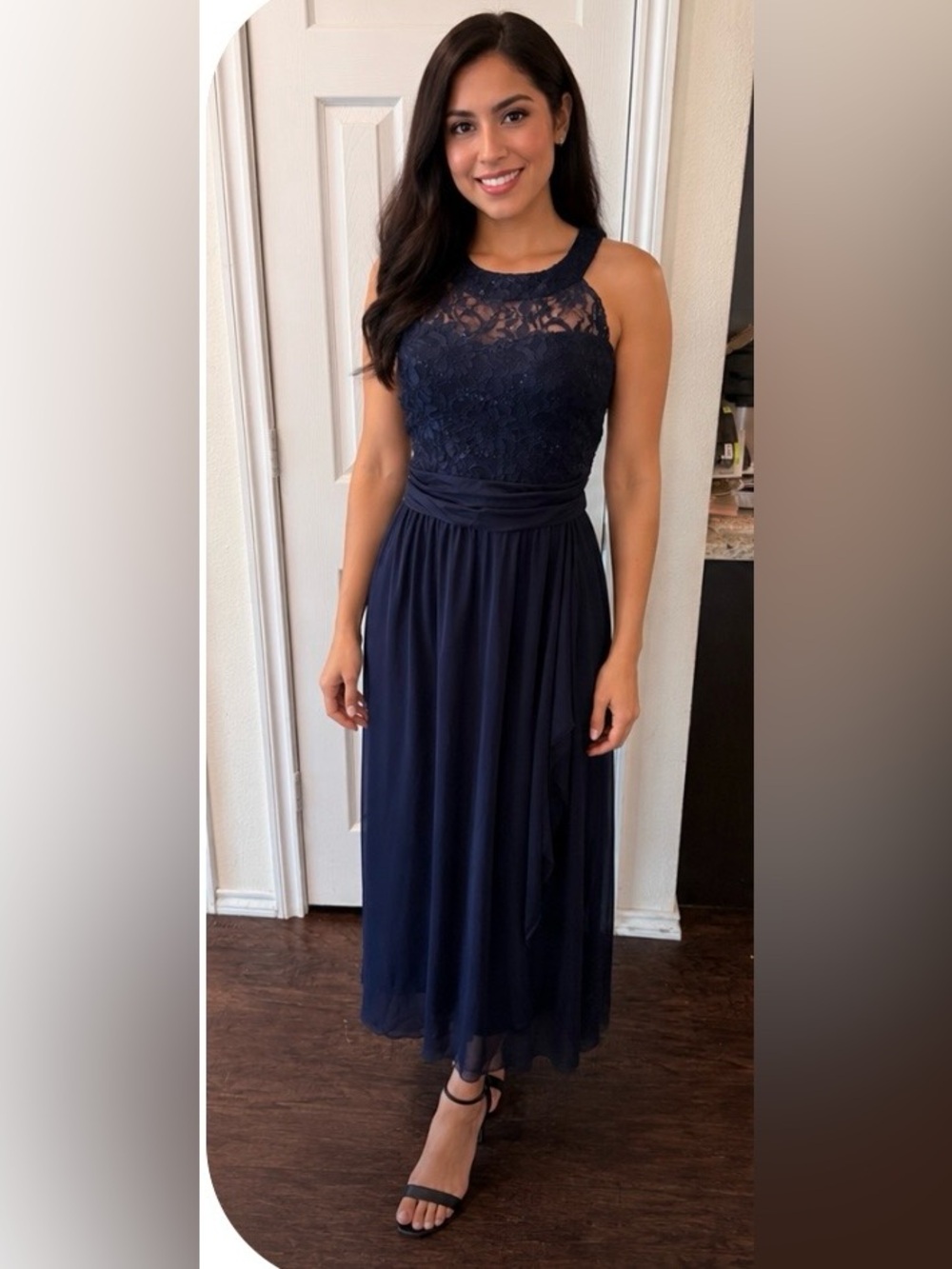 Navy Lace Halter Maxi Dress with Ruched Waist